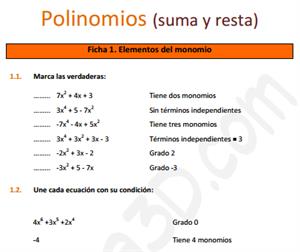 Suma y resta de polinomios - Ficha de ejercicios
