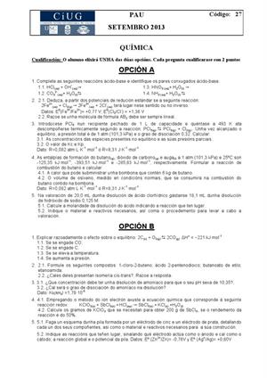 Examen de Selectividad: Química. Galicia. Convocatoria Septiembre 2013