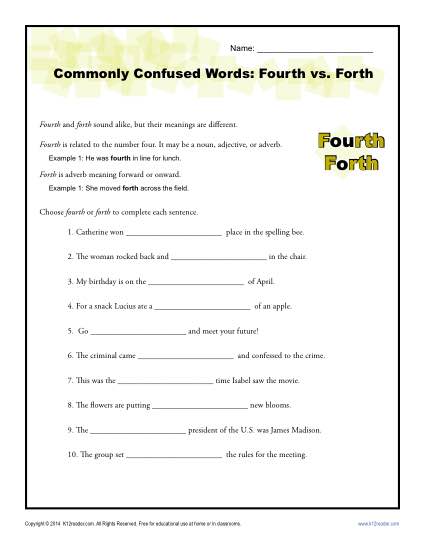 Commonly Confused Words Worksheet: Fourth vs. Forth