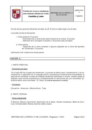 Examen de Selectividad: Historia de la música y la danza. Castilla y León. Convocatoria Junio 2013
