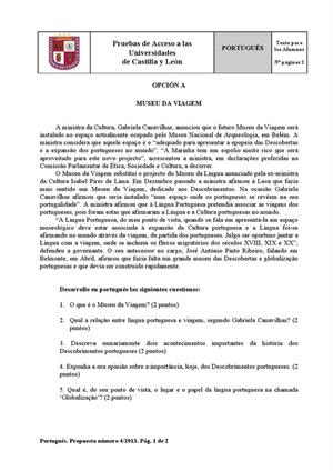 Examen de Selectividad: Portugués. Castilla y León. Convocatoria Septiembre 2013