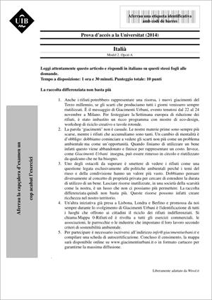 Examen de Selectividad: Italiano. Islas Baleares. Convocatoria Junio 2014