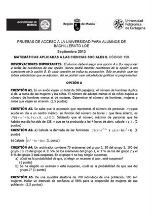 Examen de Selectividad: Matemáticas CCSS. Murcia. Convocatoria Septiembre 2013