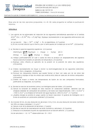 Examen de Selectividad: Química. Aragón. Convocatoria Junio 2013