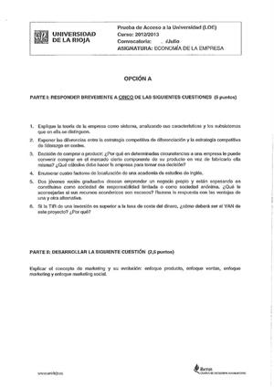 Examen de Selectividad: Economía. La Rioja. Convocatoria Julio 2013
