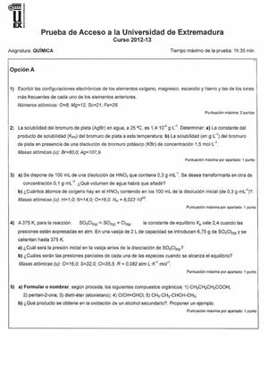 Examen de Selectividad: Química. Extremadura. Convocatoria Junio 2013
