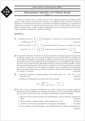 Examen de Selectividad: Matemáticas CCSS. Islas Baleares. Convocatoria Junio 2014