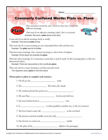 Plain vs. Plane – Commonly Confused Words Worksheet