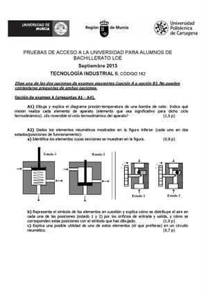 Examen de Selectividad: Tecnología industrial. Murcia. Convocatoria Septiembre 2013