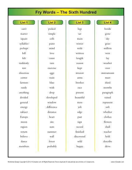Fry Words – The 6th Hundred
