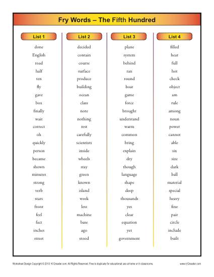 Fry Words – The 5th Hundred