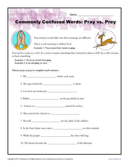 Pray vs. Prey – Commonly Confused Words Worksheet