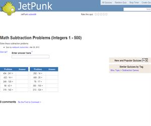 Math Subtraction Problems (Integers 1 - 500)