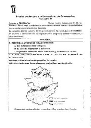 Examen de Selectividad: Geografía. Extremadura. Convocatoria Junio 2014