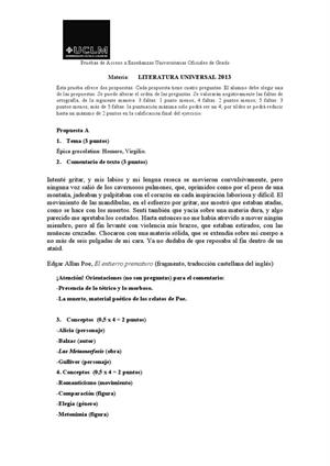 Examen de Selectividad: Literatura universal. Castilla-La Mancha. Convocatoria Septiembre 2013
