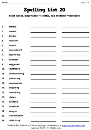 Week 20 Spelling Words (List E-20)