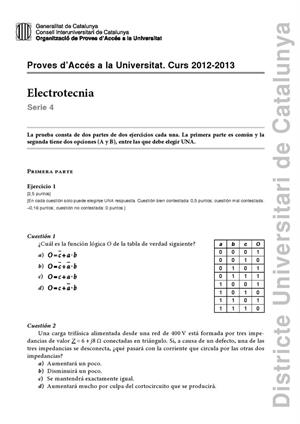 Examen de Selectividad: Electrotecnia. Cataluña. Convocatoria Junio 2013