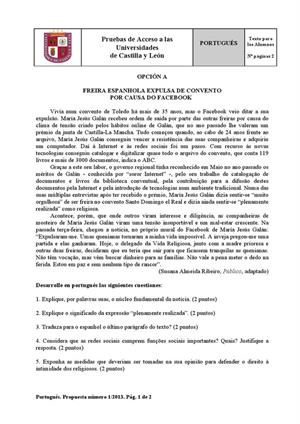 Examen de Selectividad: Portugués. Castilla y León. Convocatoria Junio 2013