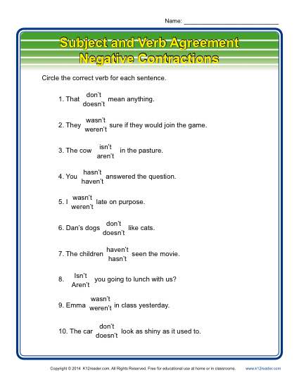 Subject Verb Agreement: Negative Contractions