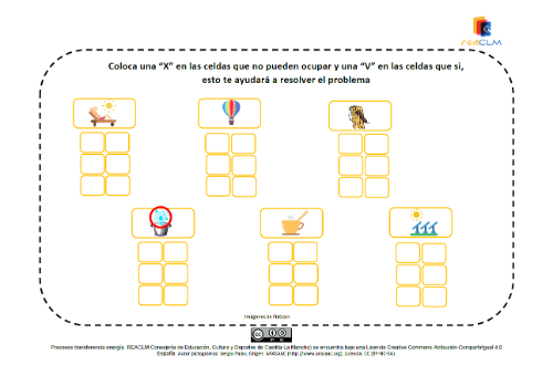 icono de tomar el sol, globo aerostático, planchar el pelo, olla en el fuego , cuchara en una taza caliente, placas solares, cada incono metido en una celda de una cuadrícula   colocadas en celdas 