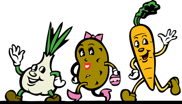 Animación Dibujo de zanahoria, patata y cabeza de ajo con ojos piernas y brazos.