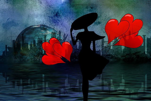Poesía Dibujo de silueta femenina en negro sobre fondo azul oscuro con globos de rojo intenso en forma de corazón