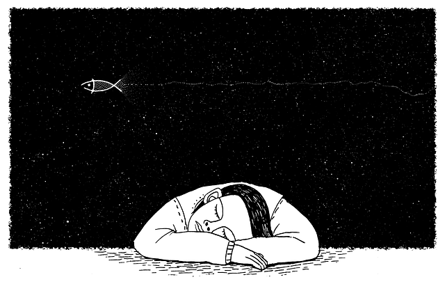 Dibujo de un niño durmiendo y soñando con peces, dibujado en blanco sobre fondo negro