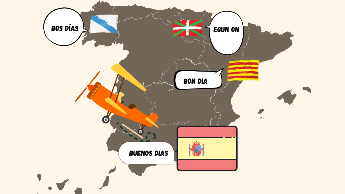 Mapa de España con saludos en gallego, euskera, catalán y castellano y con las banderas de cada territorio