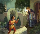 Romeo y Julieta Romeo frente al balcón de Julieta