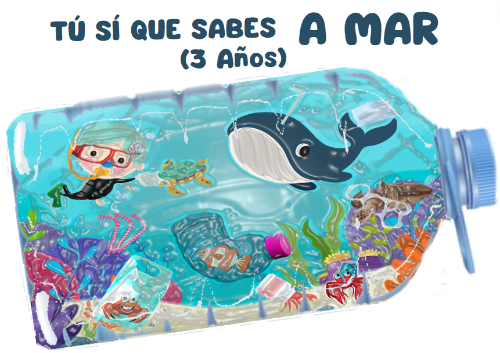 Niña con el pelo verde buceando en el fondo del mar entre animales marinos y plásticos