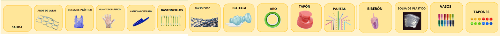 Cuadrícula de 15 celdas con diferentes elementos de su día a día de plástico