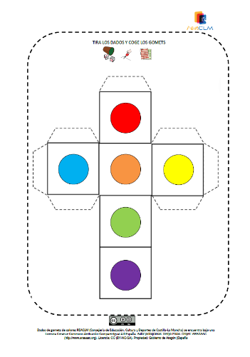 Dado con gomets de color diferente en cada cara del dado (rojo, azul, verde, amarillo, naranja y violeta))