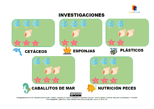 Cinco tarjetas con diferentes patrones de animales marinos