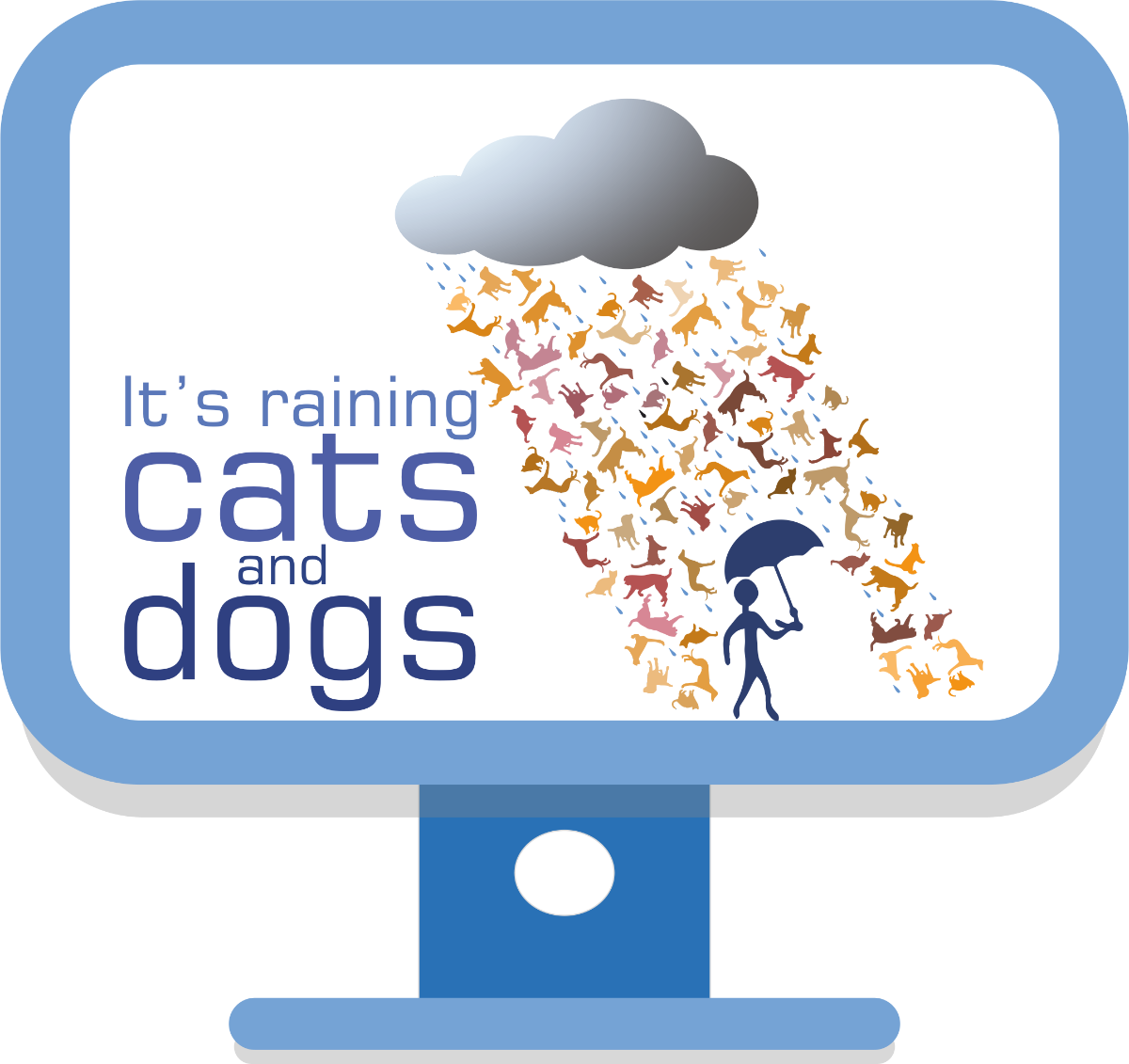 Nube, lloviendo gatos y perros, hombre con paraguas