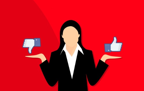Imagen de Votar, Como y No me gusta Imagen vectorial con fondo rojo en el que una mujer sostiene en sus manos abiertas a los costados dos emojis, uno de me gusta y otro de no me gusta.