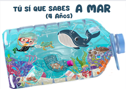 Niña con el pelo verde buceando en el fondo del mar entre animales marinos y plásticos
