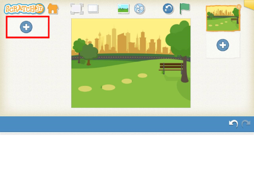 Escenario de Scratch Jr con el fondo de una bibliotes