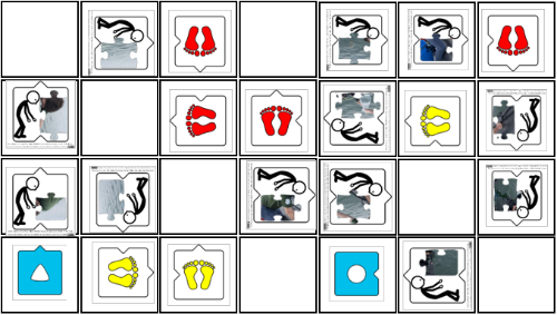 Tablero puzle Tablero en el suelo formado por 4 filas por 7 columnas con huellas de pies de diferentes colores indicando un camino a seguir para recoger las piezas de un puzle, las huellas grises hacia delante, rojas hacia la derecha y amarillas hacia la izquierda.