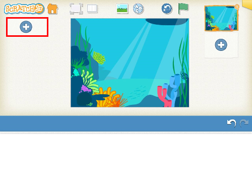 Escenario de Scratch Jr con el fondo de una bibliotes