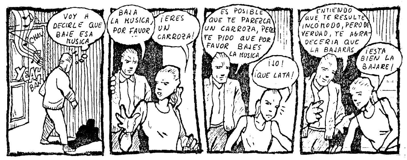 Viñeta donde una persona pide que baje la música a otra y esta en principio no quiere, pero argumentándolo y pidiendo por favor consigue que lo haga.