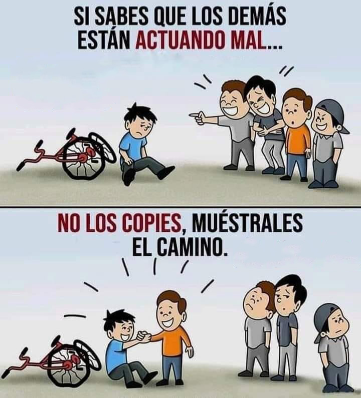 Un chico se ha caído con su bicicleta y sus compañeros se ríen de él, y en otra parte de la viñeta, cambian de actitud y le ayudan 