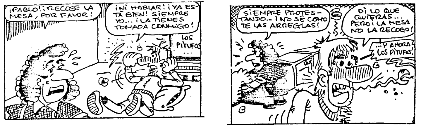 Viñeta donde una mujer pide a un chico que recoja la mesa, el chico se queja al finalmente no le hace caso y no la recoge