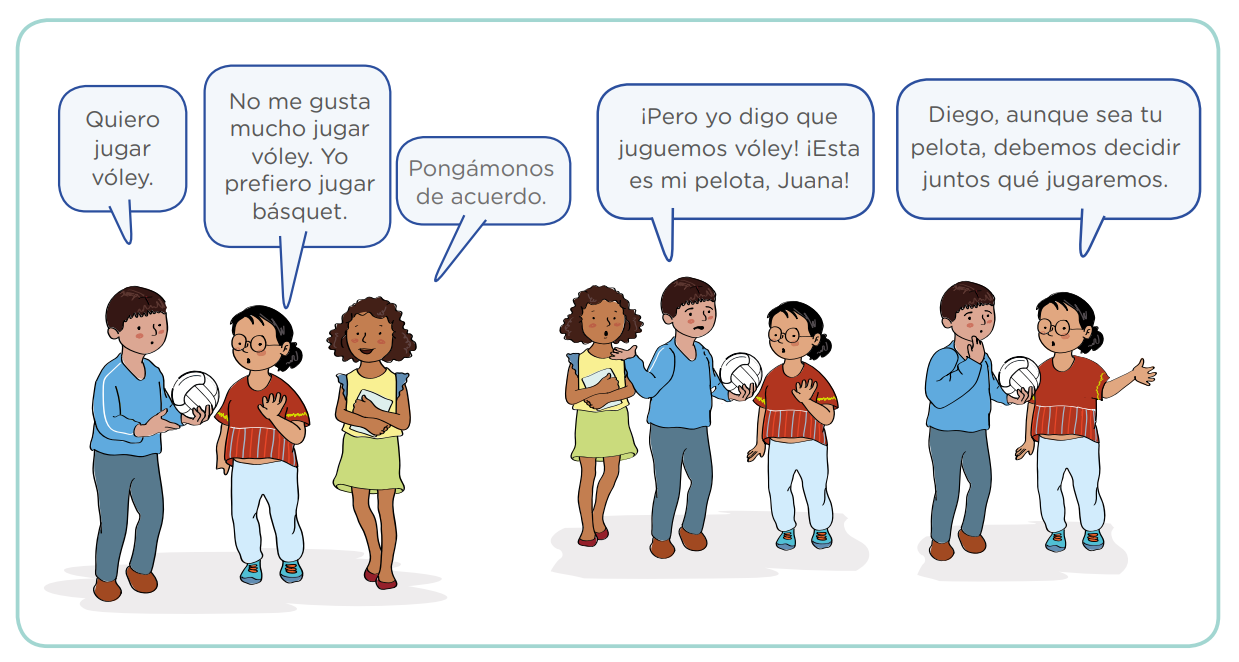 Viñeta con tres jóvenes, donde el dueño de la pelota propone jugar al vóley, otra persona no quiere, y él insiste que tienen que jugar a lo que él diga porque es el dueño de la pelota, la tercera persona propone encontrar una solución sin discutir
