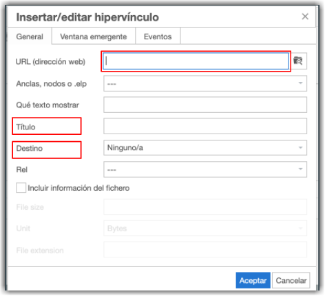 Campos a rellenar para insertar/editar hipervínculo