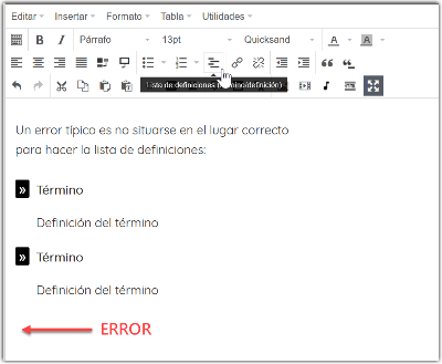 Error al añadir término en lista de definiciones