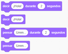 Bloques de apariencia Bloques de programación morados simulan bocadillos para pensar o hablar