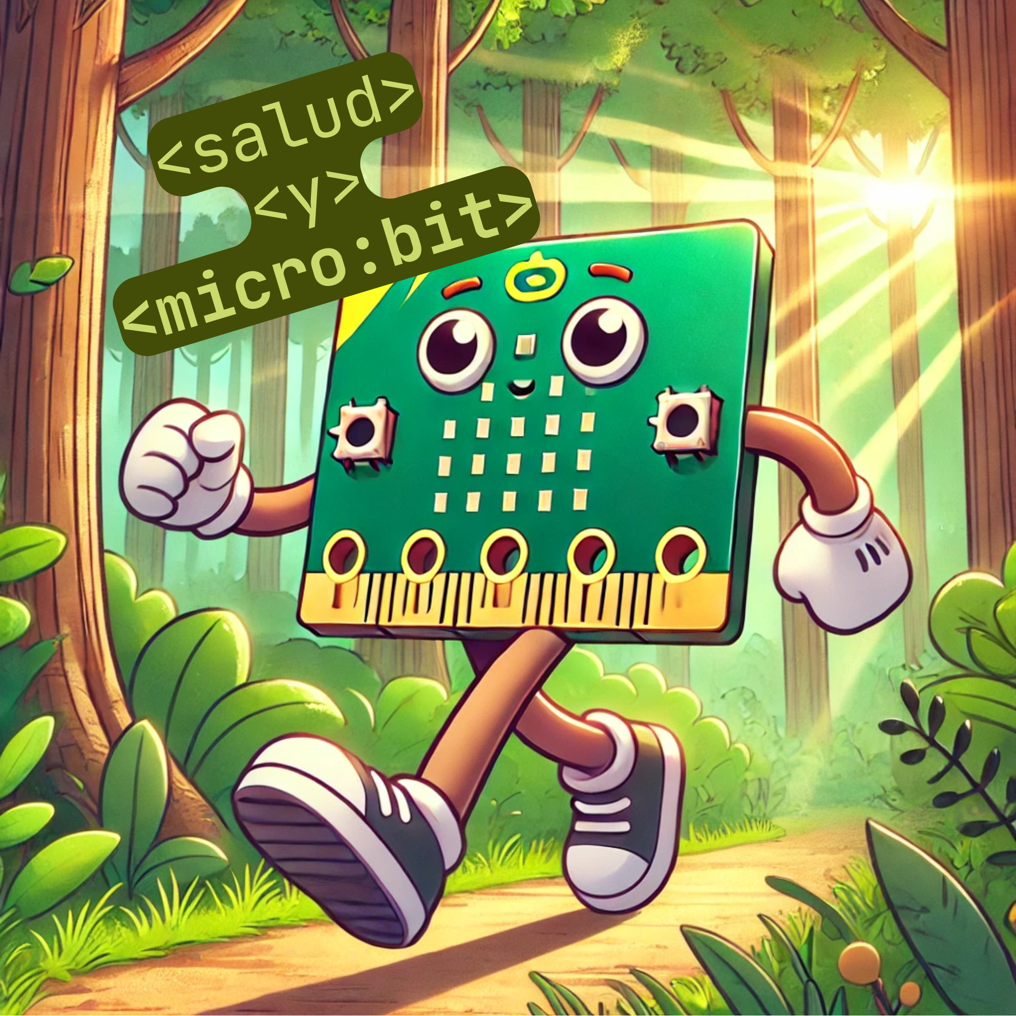 Salud y microbit Una tarjeta microbit sonriente paseando por el bosque