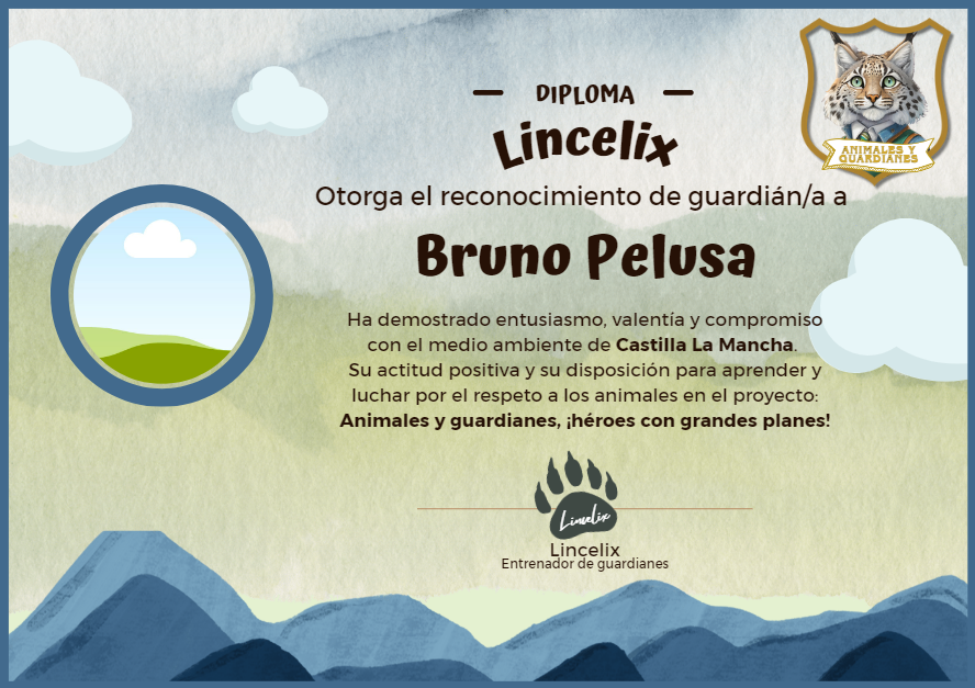 Diploma Lincelix Ejemplo de un diploma en el que aparece la imagen del lince enmarcada en un escudo, arriba a la derecha, y unas montañas abajo en azul.