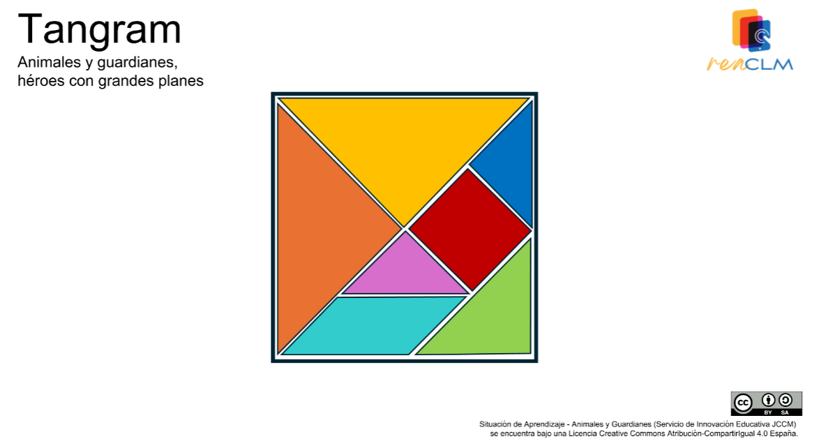 Portada de la tarea interactiva en Lumio. Aparece un tangram con sus piezas en diferentes colores.