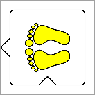 Icono blanco con huellas de pies de color amarillo  que giran hacia la izquierda